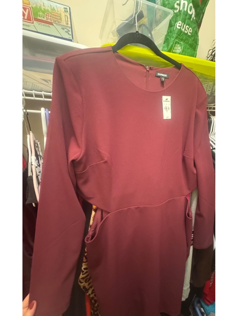 Express XL Burgundy Ponte Fit & Flare Dress Long Sleeve Pockets NWT